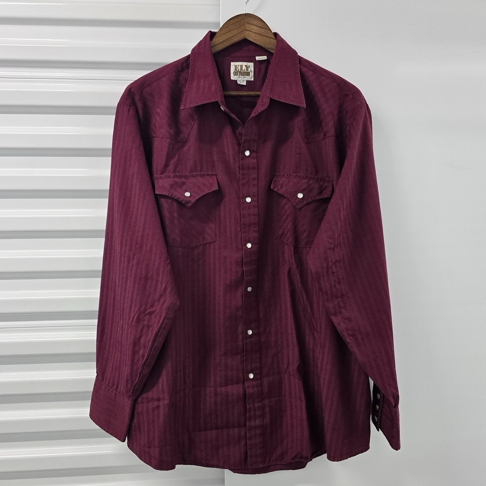 ELY Cattleman Western Shirt Mens XL 17.5x35 Burgundy Pearl Snap Cowboy Rodeo